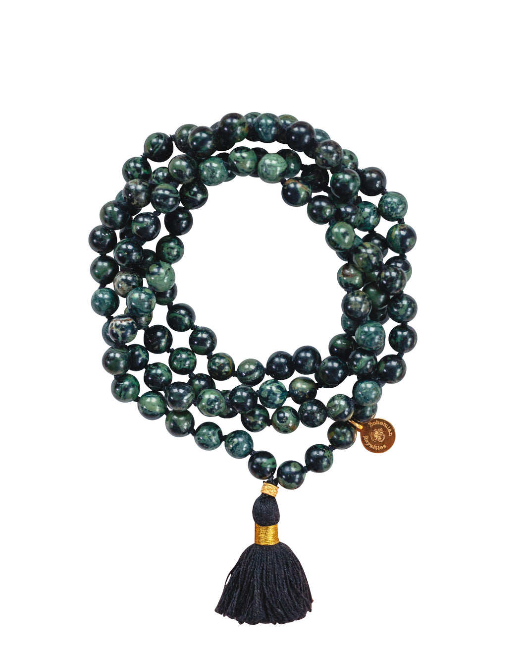 Elegant and exclusive Kambaba Jasper Mala Necklace with 108 pearls and details in 18k gold-plated 925 sterling silver and brass. 