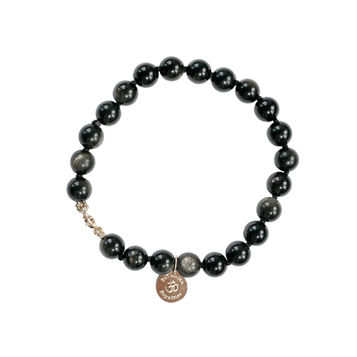 Hand knotted gold sheen obsidian bracelet with a clasp in 18k gold plated sterling silver. 