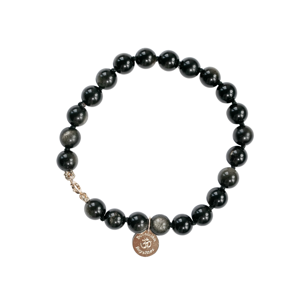Hand knotted gold sheen obsidian bracelet with a clasp in 18k gold plated sterling silver. 