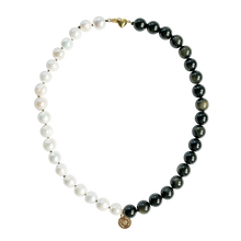 Ladda upp bild till gallerivisning, Pearl collier choker necklace. Handknotted pearl collier necklace with half in pearls and the other half in shimmering gold sheen obsidian gemstones. Details in 18k gold plated sterling silver.
